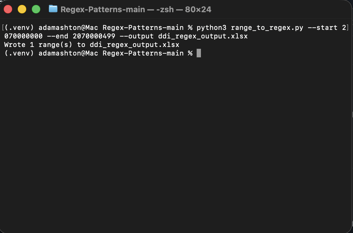 Regex Patterns Generator command-line screenshot